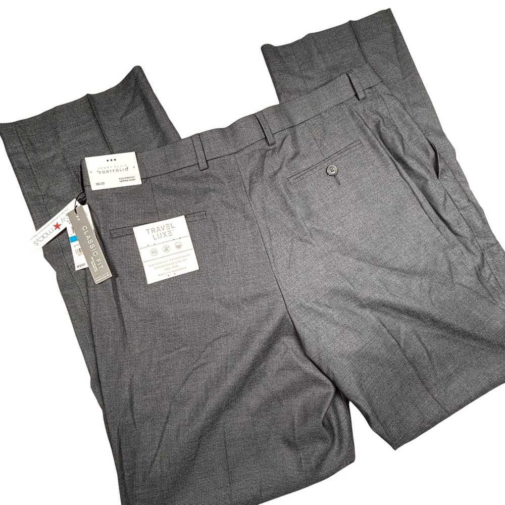 NEW Perry Ellis Portfolio Mens 36x32 Gray Travel Luxe Dress Pants Classic Fit